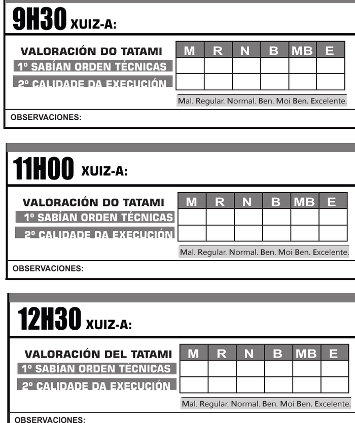Casillas de valoración por turno con escala M R N B MB E