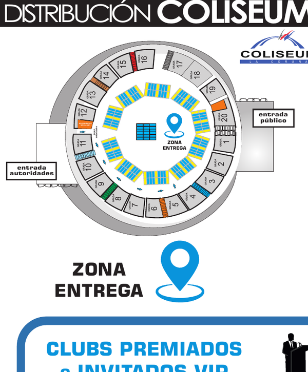 Vista cenital del Coliseum con zona de entrega central, gradas y accesos